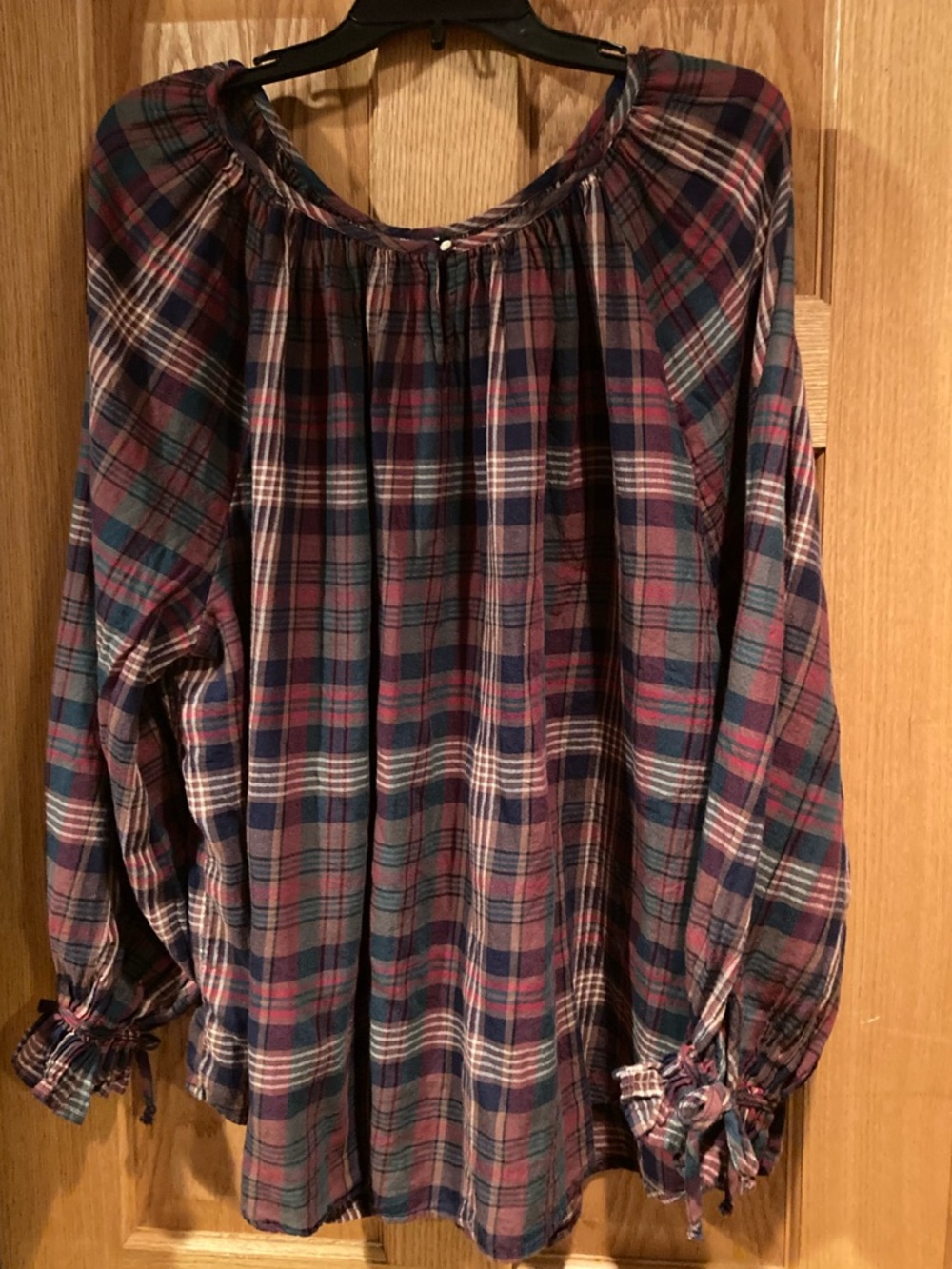 Chaps Plaid Peasant Blouse in Navy, Burgundy, Green